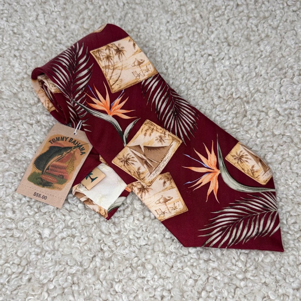 NWT Tommy Bahama Silk Tie Burgundy Red Tropical Palm and Postcard‎ Print